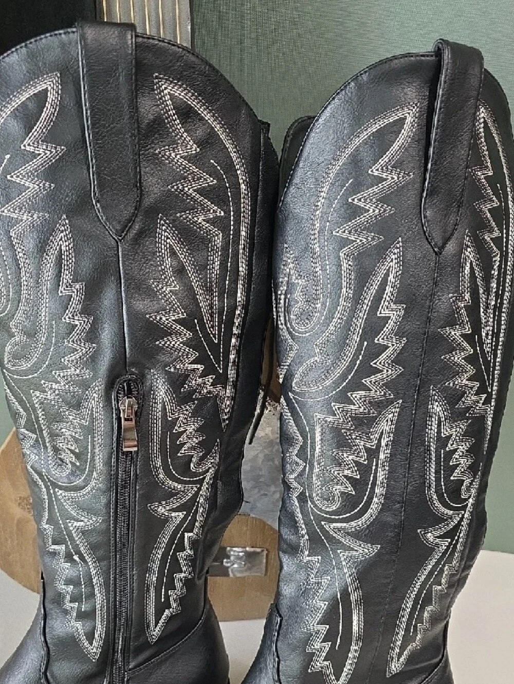 Onlymaker Black Embroidered Cowboy Boots Knee High Western Cowgirl Sz 9
